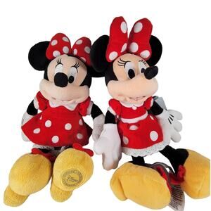 Lot of 2 Disney Store Minnie Mouse Plush Doll 14" Authentic Red Dress Polka Dots